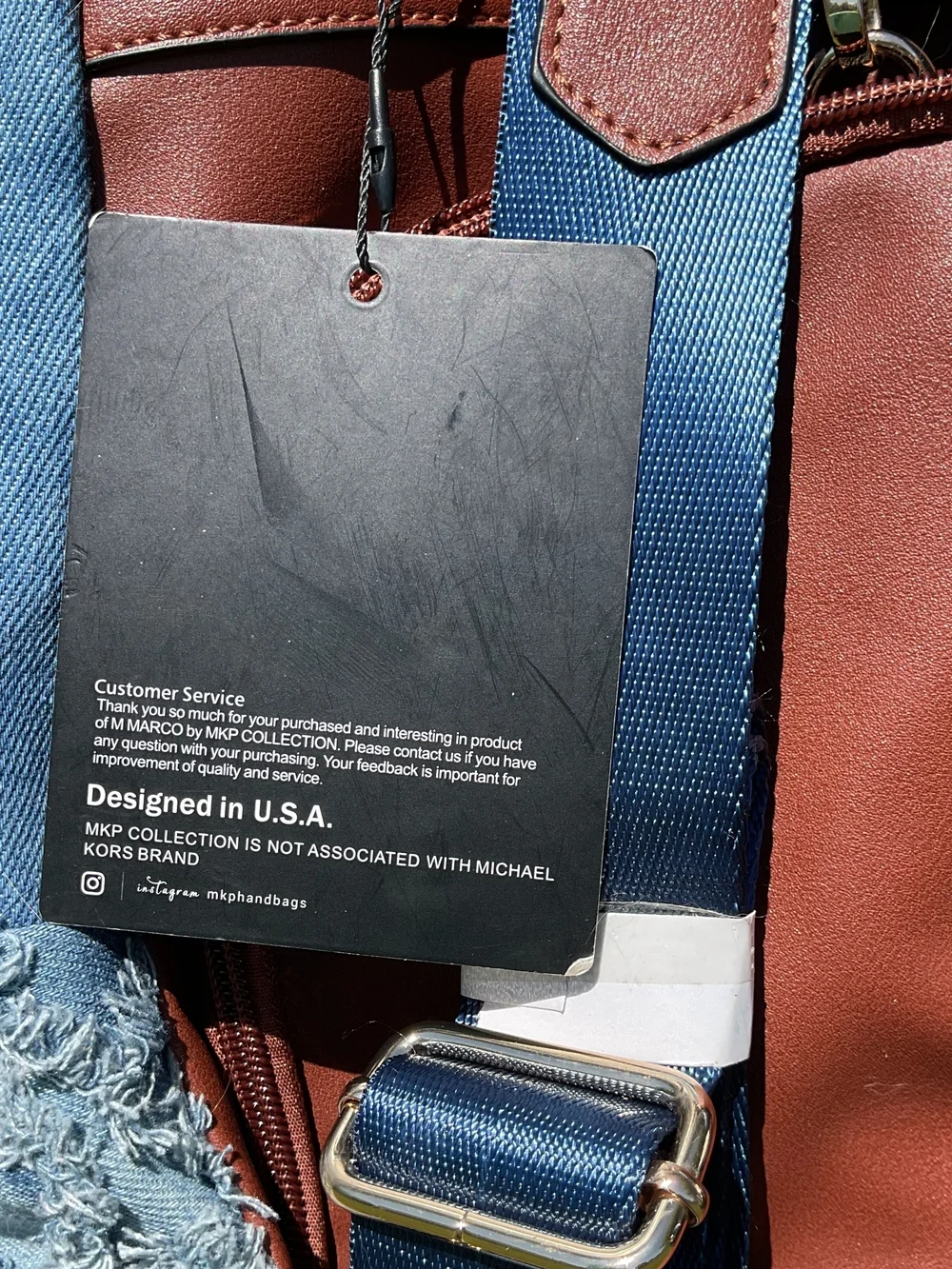 Denim Fringe Quilted Backpack with Brown Trim